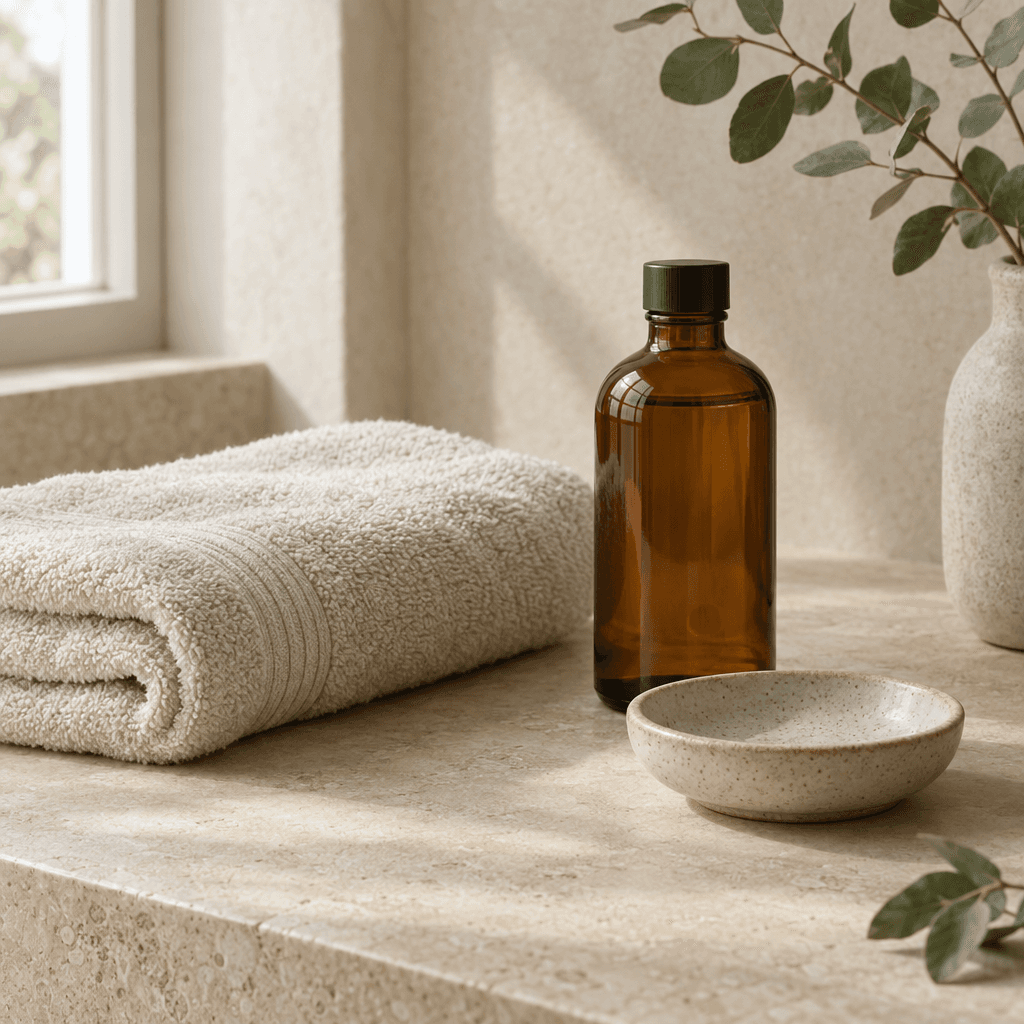 A calm still life of a folded towel, an unlabelled bottle and a ceramic dish.