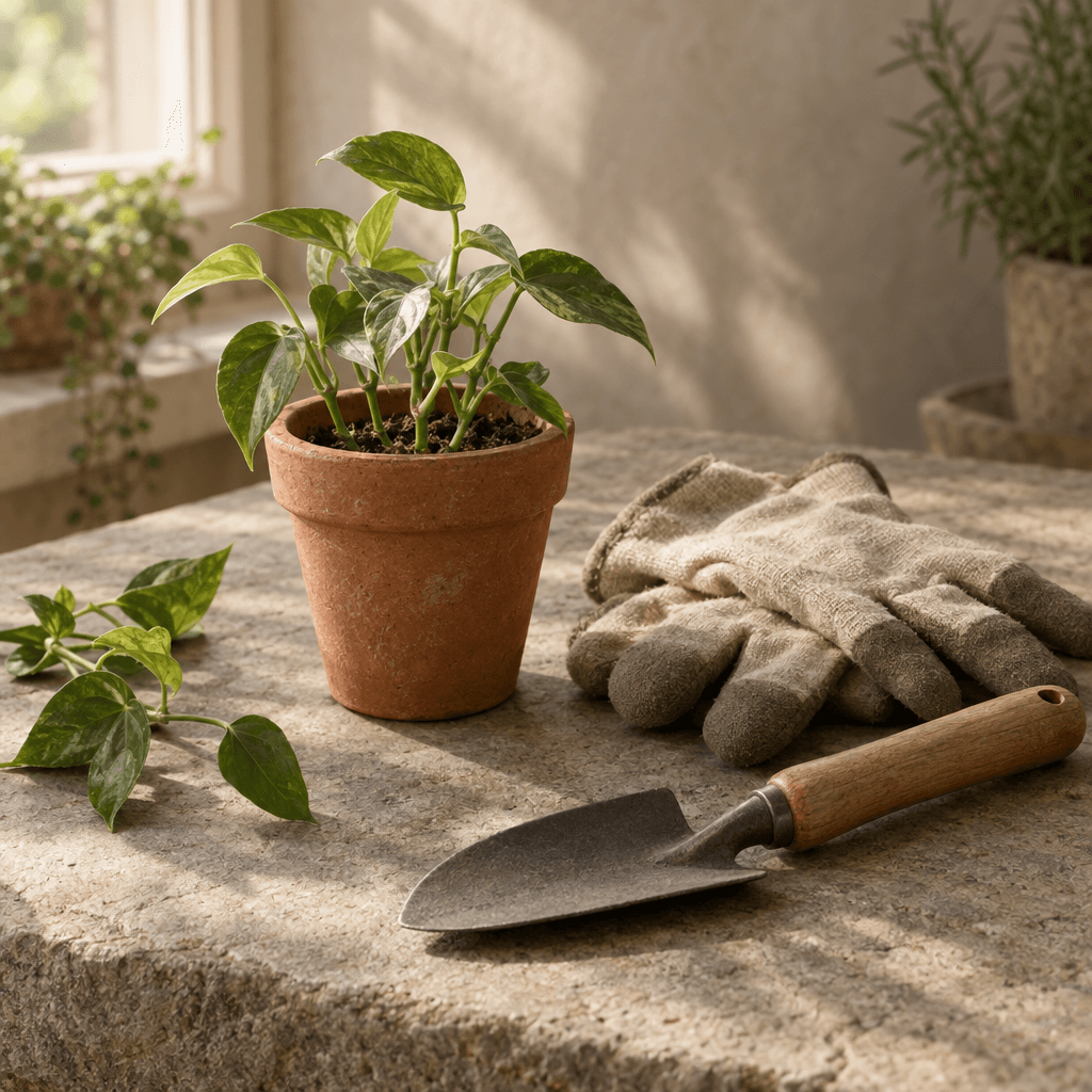 A quiet garden still life with terracotta, green leaves and garden tools.